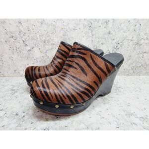 UGG 7 Womens Mules Shoes Calf Hair High Heel Ladies Clogs‎ Animal Print Studded